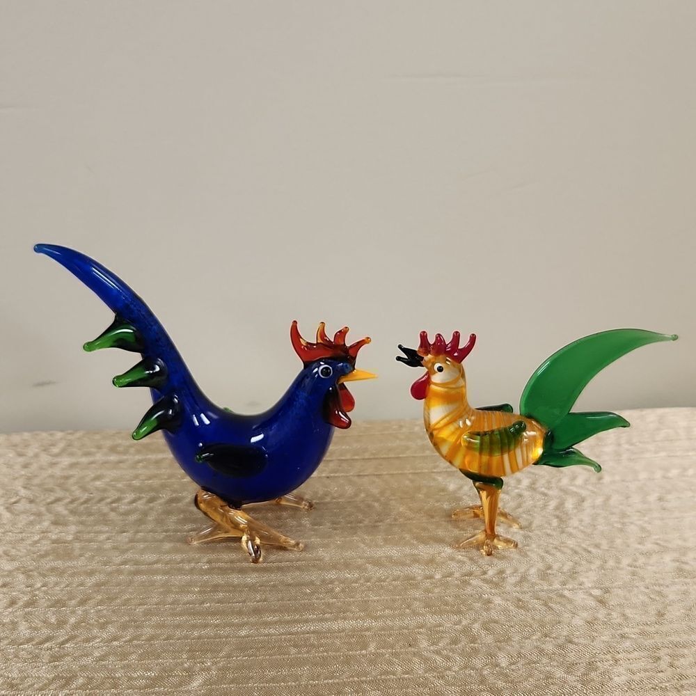 Global Village Glass Studio Rooster Figurine Set of 2